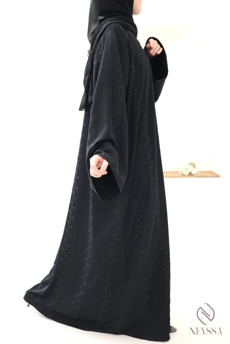 Schwarz bestickte Abaya Dubai für Damen, Stil Khaleeji