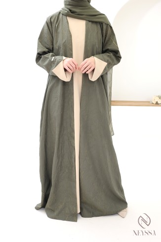 Dubai 3-piece khaki and beige kimono abaya with embossed patterns