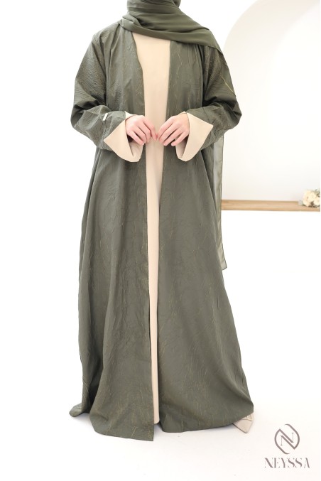 Abaya Dubai 3-teiliger Kimono in Khaki und Beige mit Reliefmustern
