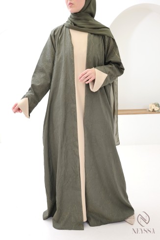 Abaya Dubaï 3 pièces kimono kaki et beige avec motifs à reliefs femme 2