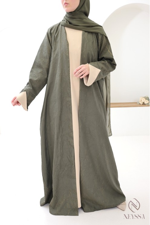 Abaya Dubaï 3 pièces kimono kaki et beige avec motifs à reliefs femme