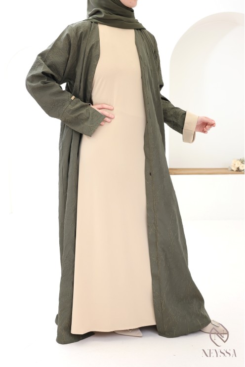 Dubai 3-piece khaki and beige kimono abaya with embossed patterns
