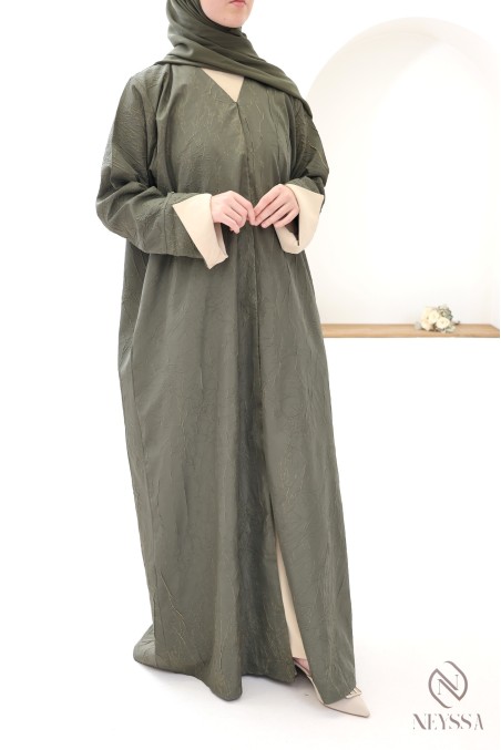 Abaya Dubai 3-teiliger Kimono in Khaki und Beige mit Reliefmustern