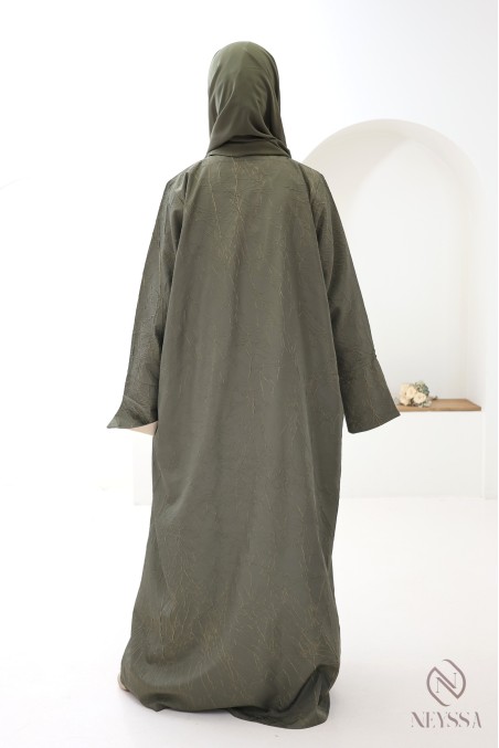 Abaya Dubaï 3 pièces kimono kaki et beige avec motifs à reliefs femme