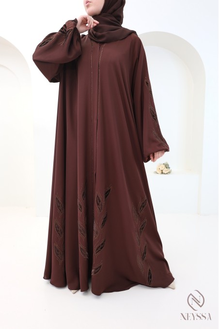 Brown Dubai kimono abaya, 2 pieces, with chiffon hijab for women