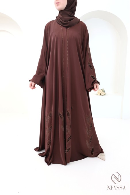 Abaya kimono Dubaï marron 2 pièces avec hijab en mousseline femme