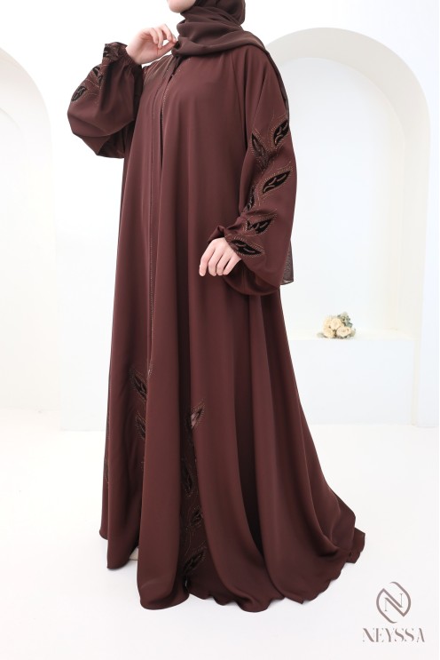 Abaya kimono Dubaï marron 2 pièces avec hijab en mousseline femme