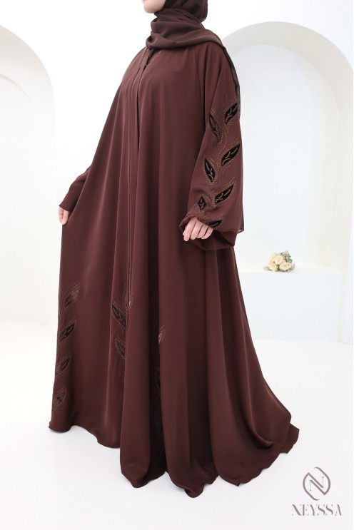 Abaya kimono Dubaï marron 2 pièces avec hijab en mousseline femme