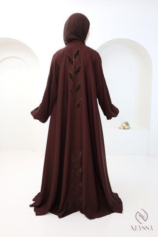 Braune 2-teilige Kimono-Abaya Dubai mit Chiffon-Hijab für Damen 2