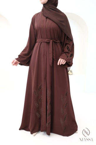 Brown Dubai kimono abaya, 2 pieces, with chiffon hijab for women