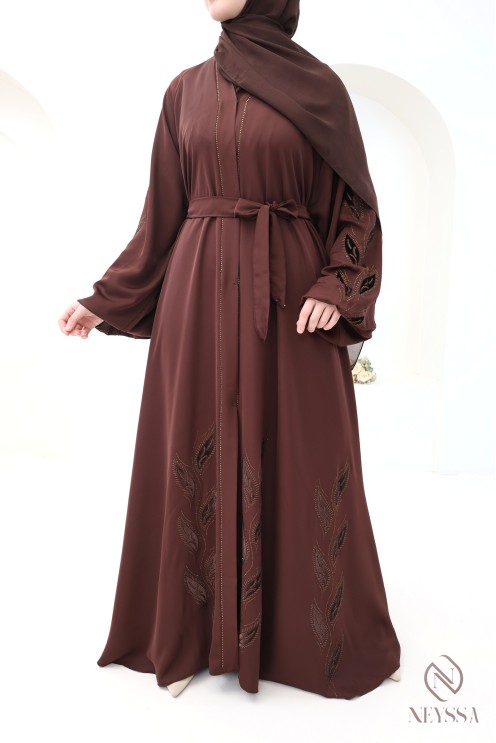 Braune 2-teilige Kimono-Abaya Dubai mit Chiffon-Hijab für Damen