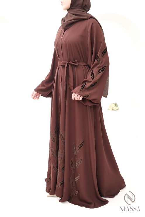 Abaya kimono Dubaï marron 2 pièces avec hijab en mousseline femme