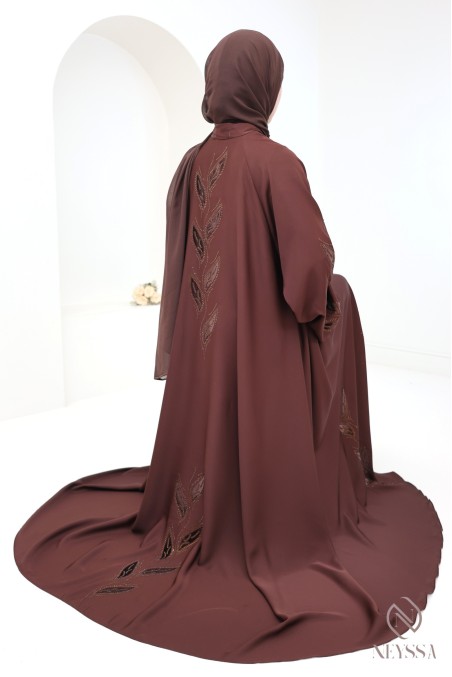 Abaya kimono Dubaï marron 2 pièces avec hijab en mousseline femme