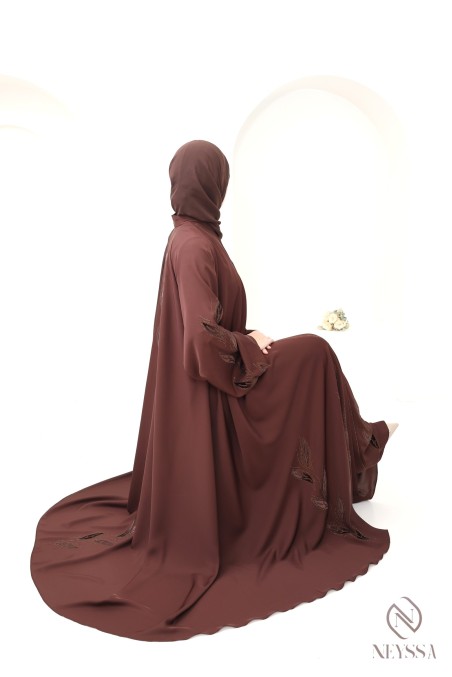 Abaya kimono Dubaï marron 2 pièces avec hijab en mousseline femme