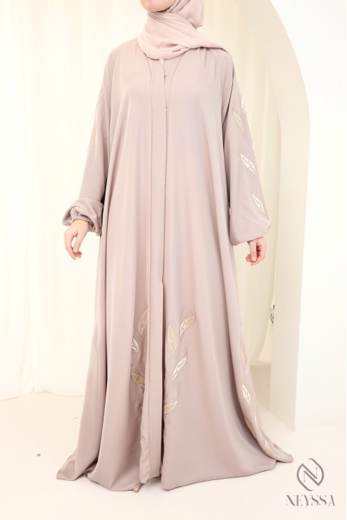 Abaya kimono Dubaï 2 pièces vieux rose de luxe femme hijabi moderne