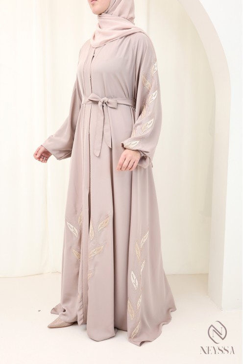 Abaya kimono Dubaï 2 pièces vieux rose de luxe femme hijabi moderne