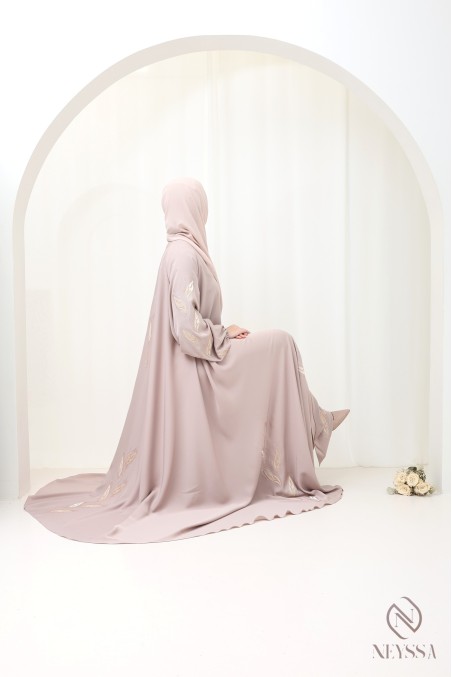 Abaya kimono Dubaï 2 pièces vieux rose de luxe femme hijabi moderne