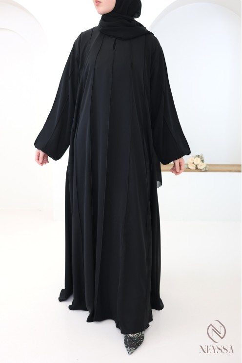 Modern Dubai 2-piece black umbrella cut abaya with hijab included