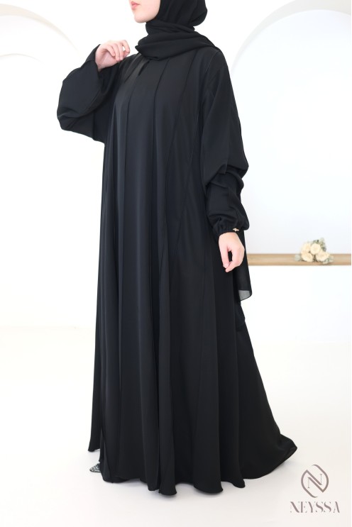 Abaya Dubaï moderne 2 pièces coupe umbrella noire avec hijab inclus