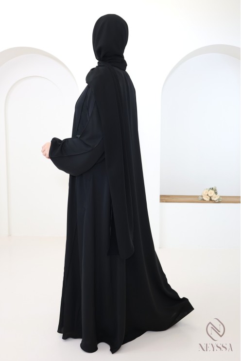 Abaya Dubaï moderne 2 pièces coupe umbrella noire avec hijab inclus