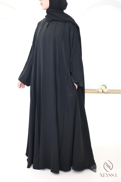 Abaya Dubaï moderne 2 pièces coupe umbrella noire avec hijab inclus