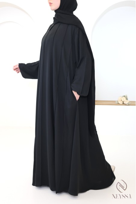 Abaya Dubaï moderne 2 pièces coupe umbrella noire avec hijab inclus