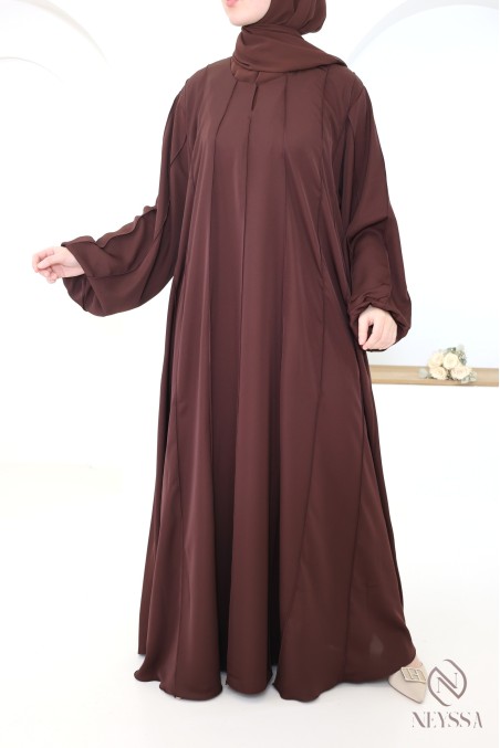Long chocolate-coloured flared Dubai abaya for women for Ramadan