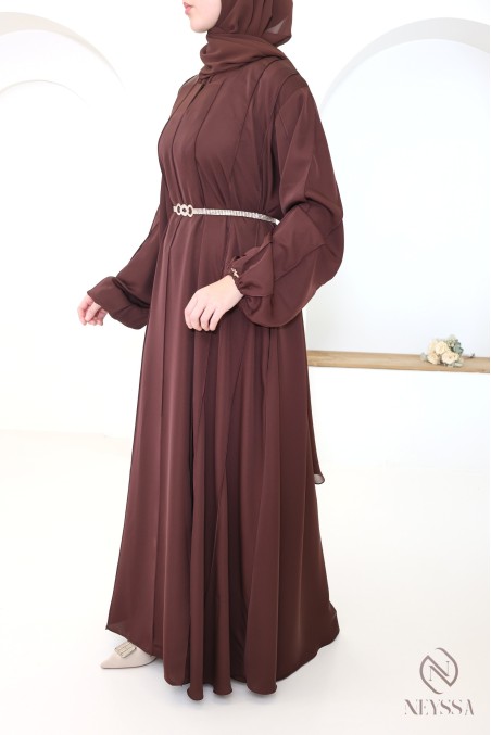 Abaya Dubaï longue coupe évasée chocolat pour le ramadan femme