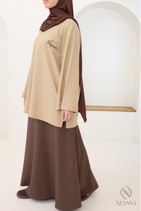 T-shirt ample à manches longues en coton, brodé Neyssa, maille piquée