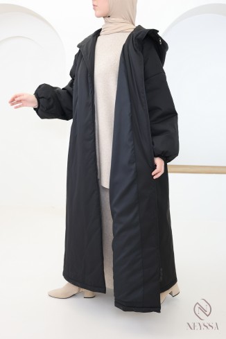 Women's long black coat with puff sleeves, nice and warm for winter