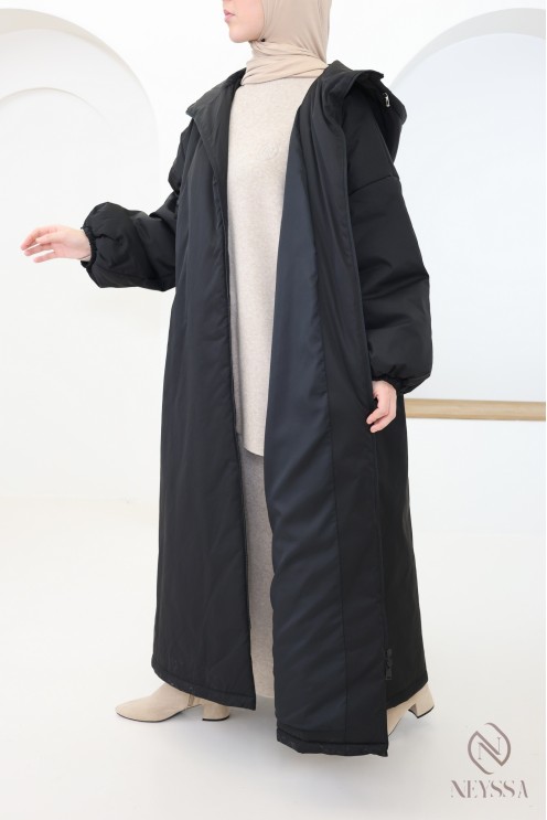 Manteau long noir manches bouffantes femme, bien chaud pour l'hiver