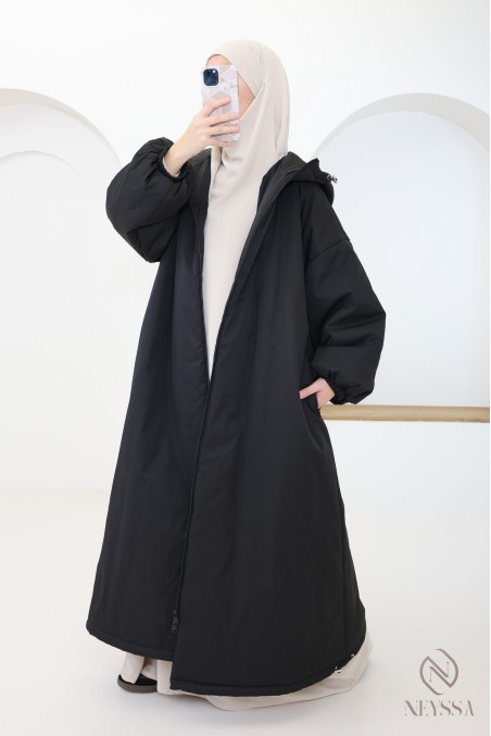 Women's long black coat with puff sleeves, nice and warm for winter