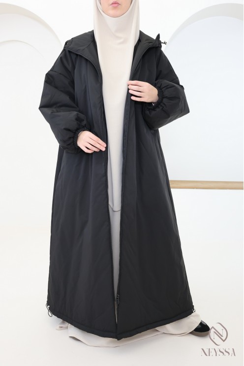 Women's long black coat with puff sleeves, nice and warm for winter