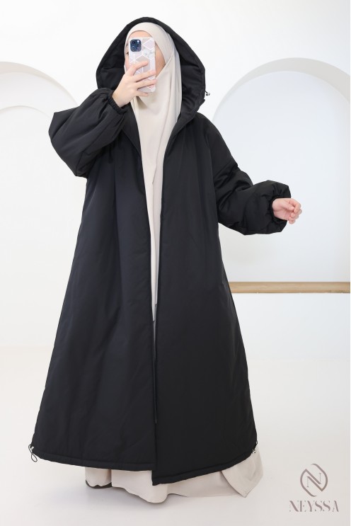Women's long black coat with puff sleeves, nice and warm for winter