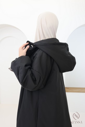 Manteau long noir manches bouffantes femme, bien chaud pour l'hiver 2