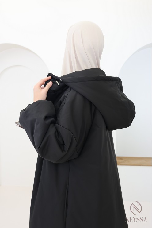 Women's long black coat with puff sleeves, nice and warm for winter