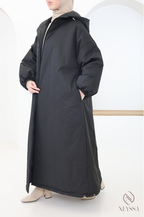 Manteau long noir manches bouffantes femme, bien chaud pour l'hiver