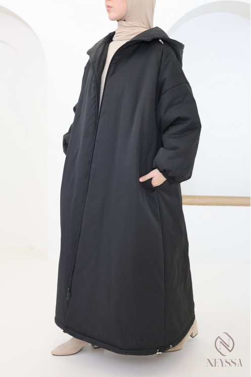 Manteau long noir manches bouffantes femme, bien chaud pour l'hiver