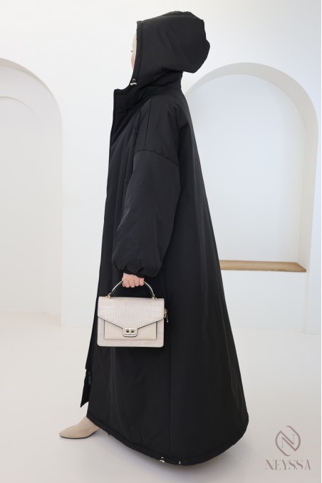 Manteau long noir manches bouffantes femme, bien chaud pour l'hiver
