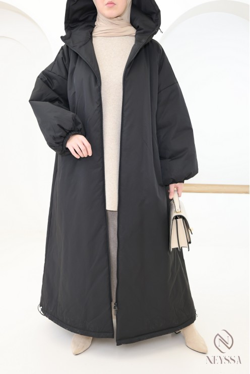 Manteau long noir manches bouffantes femme, bien chaud pour l'hiver