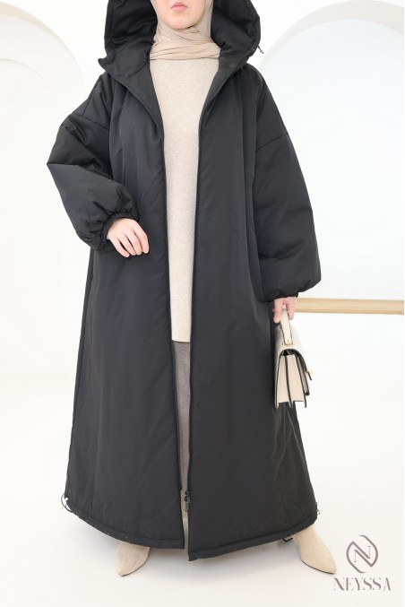 Manteau long noir manches bouffantes femme, bien chaud pour l'hiver