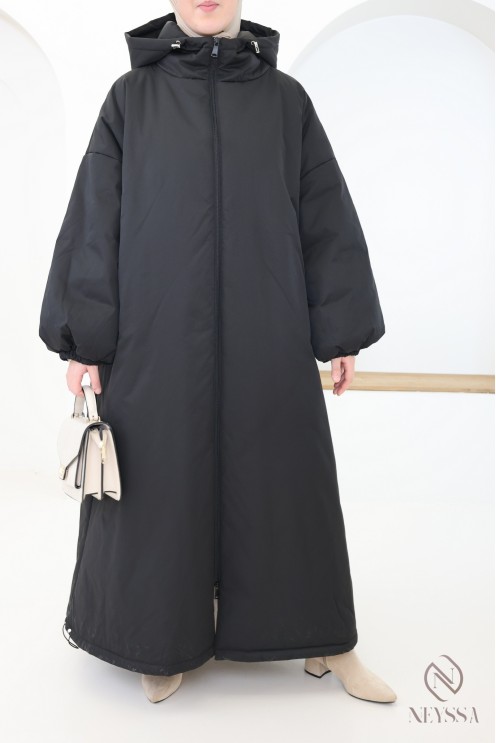 Manteau long noir manches bouffantes femme, bien chaud pour l'hiver