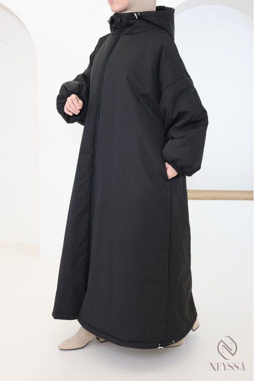 Manteau long noir manches bouffantes femme, bien chaud pour l'hiver