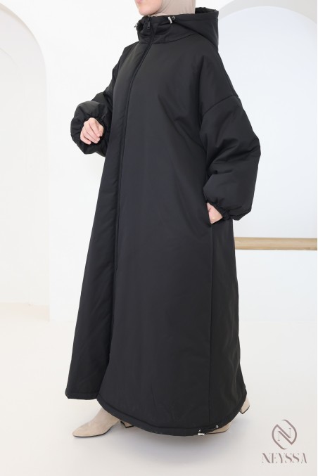 Manteau long noir manches bouffantes femme, bien chaud pour l'hiver