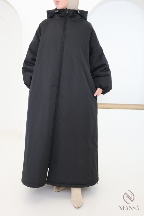 Manteau long noir manches bouffantes femme, bien chaud pour l'hiver