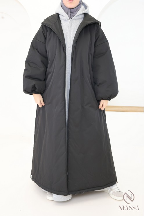 Manteau long noir manches bouffantes femme, bien chaud pour l'hiver