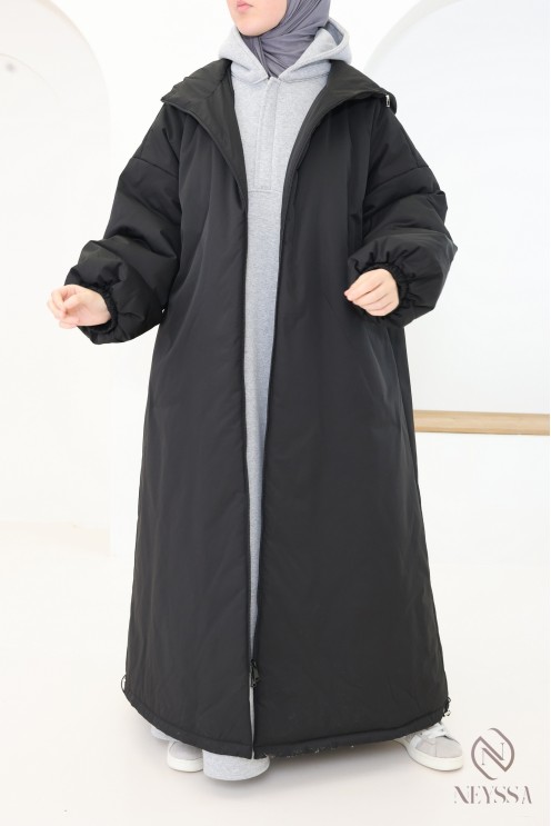 Manteau long noir manches bouffantes femme, bien chaud pour l'hiver