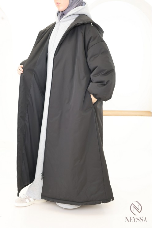 Manteau long noir manches bouffantes femme, bien chaud pour l'hiver