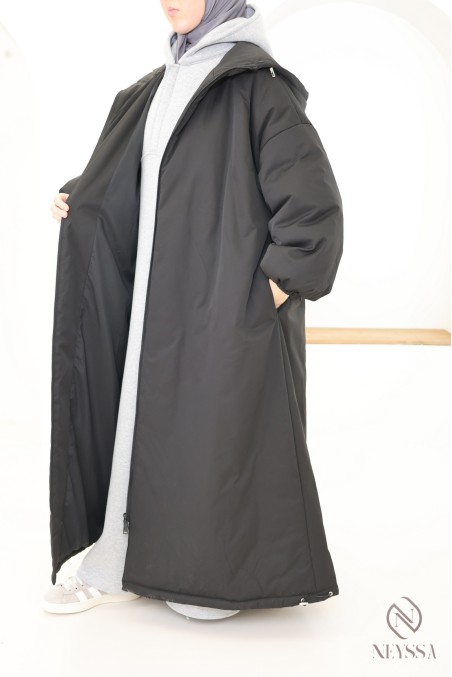 Manteau long noir manches bouffantes femme, bien chaud pour l'hiver