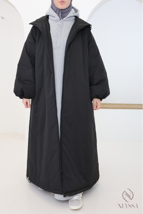 Manteau long noir manches bouffantes femme, bien chaud pour l'hiver